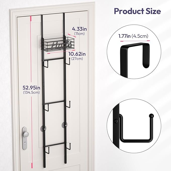 SWTYMIKI Over Door Hat Organizer - Wall Mounted Hat Rack with 6 Hooks and Metal Basket Design, Hanging Baseball Cap Organizer
