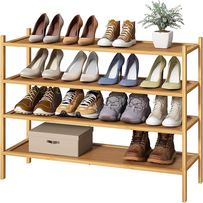 kiplant Long Shoe Rack, 4-Tier Bamboo Wood Shoe Rack, Stackable for Closet, Entryway & Hallway