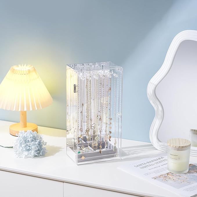 Lolalet Necklace Holder Organizer, Acrylic Jewelry Organizer with 24 Hooks, Rotating Clear Necklaces Display Box with Built-i
