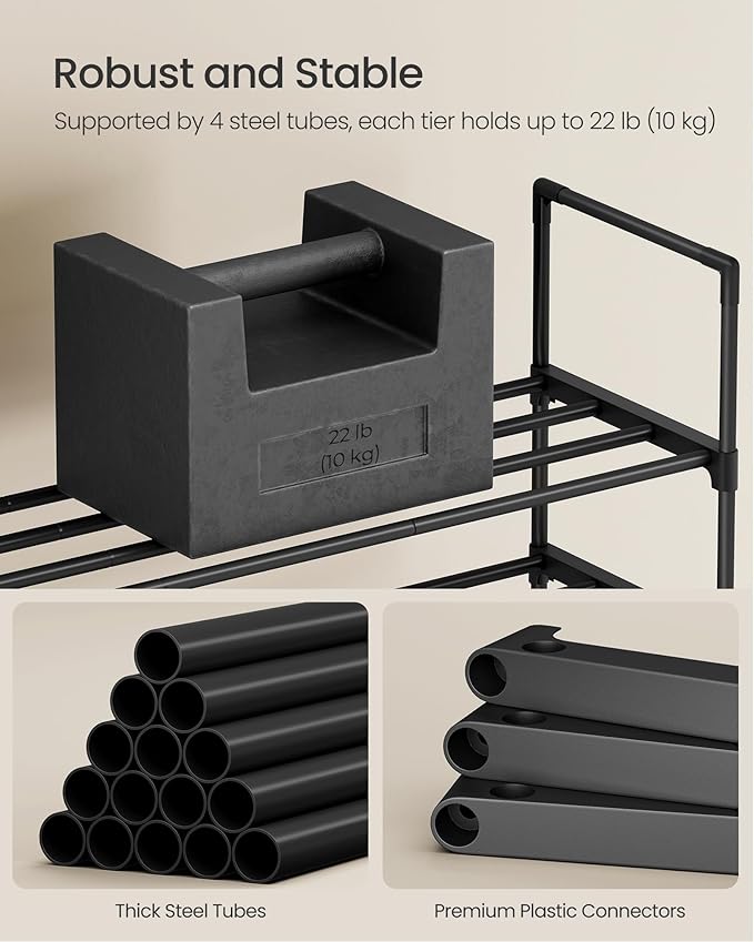 SONGMICS Shoe Rack, 4-Tier Shoe Organizer, Metal Storage Shelf, Upright or Upside Down, for 25-30 Pairs, Stackable, for Entry