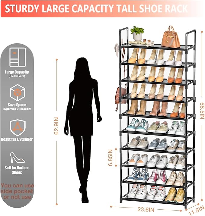 LUKYTOWER Tall Shoe Rack - 10 Tier Shoe Organizer with Metal Shelf, 5 Hooks, Pocket & Sturdy Stand for Closet Shoes