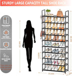 LUKYTOWER Tall Shoe Rack - 10 Tier Shoe Organizer with Metal Shelf, 5 Hooks, Pocket & Sturdy Stand for Closet Shoes