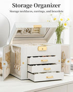 TORIBIO Jewelry Box for Women, Leather Jewelry Organizer with Mirror & Lock, 4-Tier Jewelry Storage Organizer with 3 Drawers 