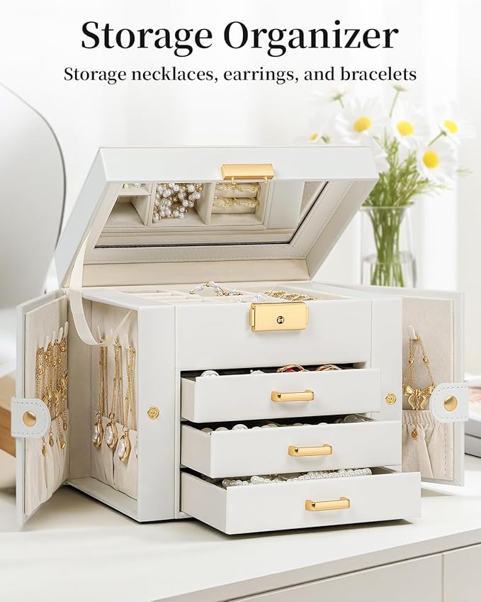 TORIBIO Jewelry Box for Women, Leather Jewelry Organizer with Mirror & Lock, 4-Tier Jewelry Storage Organizer with 3 Drawers 