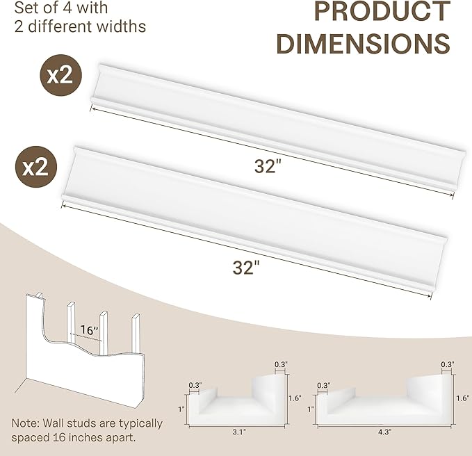 Fun Memories Picture Ledge Shelf - 32 Inches Floating Shelves Set of 4 - Floating Shelves with Lip for Storage - Wood Bookshe