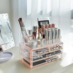 Ikee Design Pink Jewelry & Cosmetic Storage Display Boxes Two Pieces Set, Pink Cosmetic Jewelry Organizer Makeup Holder, Orga