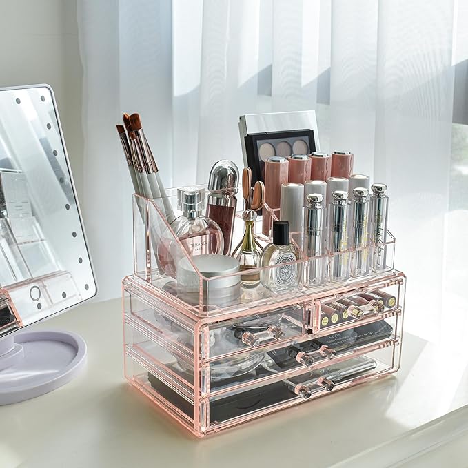 Ikee Design Pink Jewelry & Cosmetic Storage Display Boxes Two Pieces Set, Pink Cosmetic Jewelry Organizer Makeup Holder, Orga