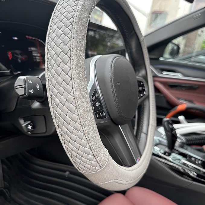 Moyishi Top Leather Steering Wheel Cover Universal Fit Soft Breathable Steering Wheel Wrap (Grey)