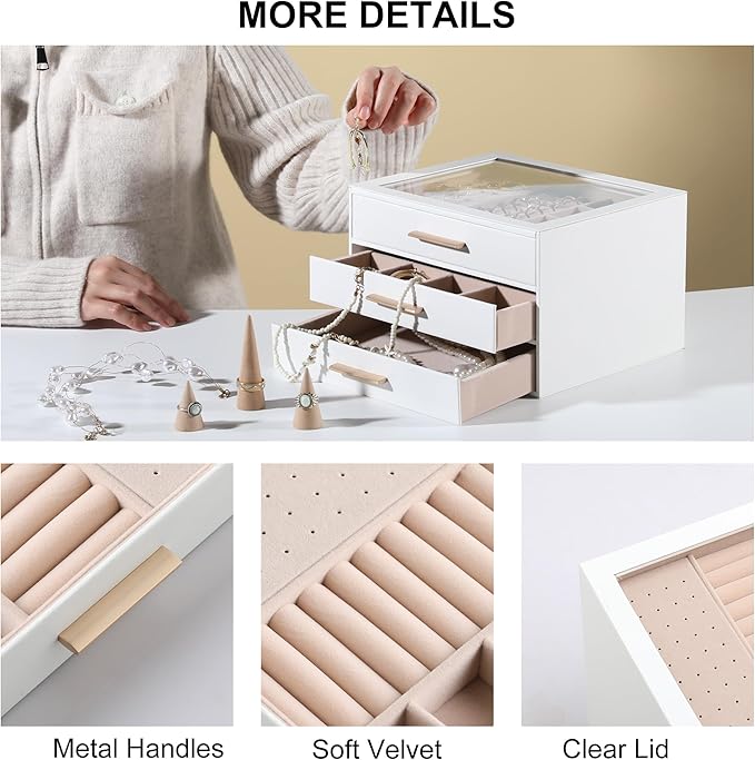 Frebeauty Clear Lid Jewelry Box,3-Layer Jewelry Organizer with Drawer,PU Leather Jewelry Organizers and Storage,Jewelry Boxes