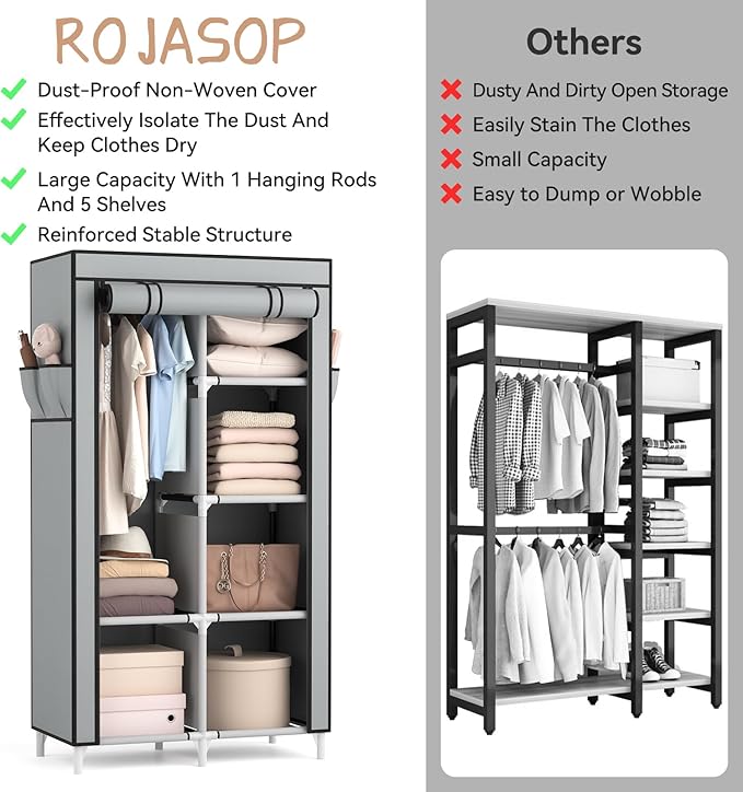 ROJASOP Portable Closet Wardrobe Closet for Hanging Clothes with 6 Storage Shelves, 1 Hanging Rod and 4 Pockets, Clothes Orga