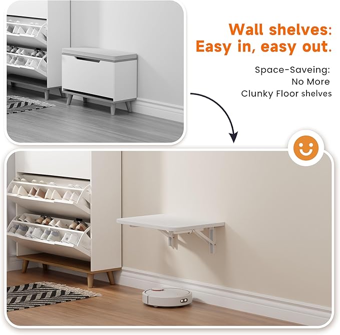 Foldable Floating Wall Shelves 16 inch, Bathroom Shelves Wall Mounted,12" Deep Wood Floating Kitchen shelves,Easy to Install 