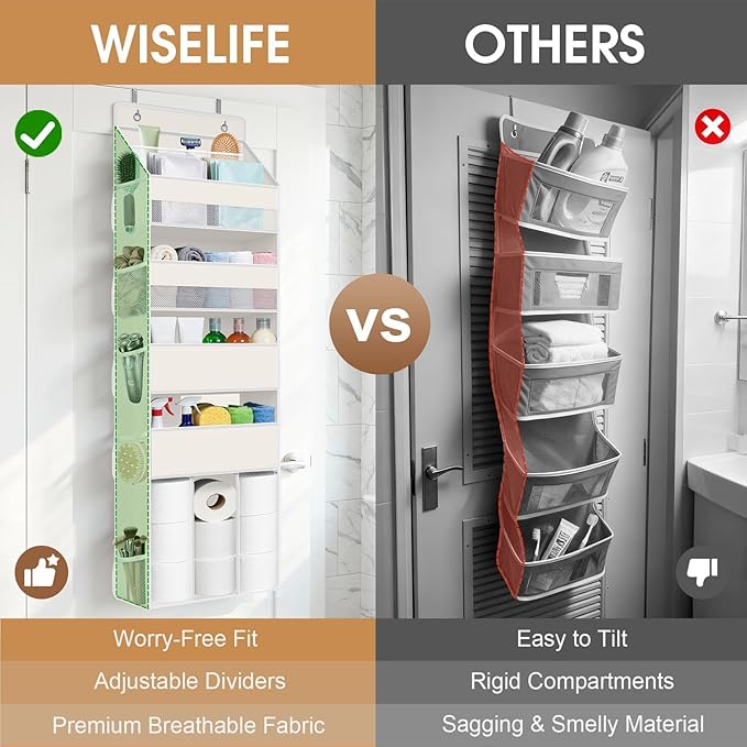 WISELIFE 5-Tier Over the Door Organizer for Hanging - 50LB Heavy-Duty Back of Door Organizer with 5 Spacious Pockets & 13 Mes