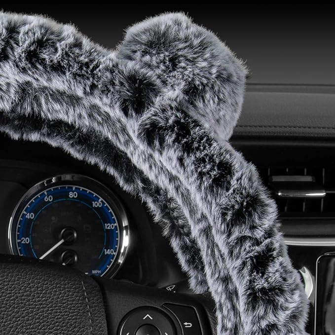 BDK Faux Fur/Wool/Sheepskin Steering Wheel Cover for Women - Cute, Bear Fur, Soft, Fluffy, and Warm, Great for Winter Gray wi