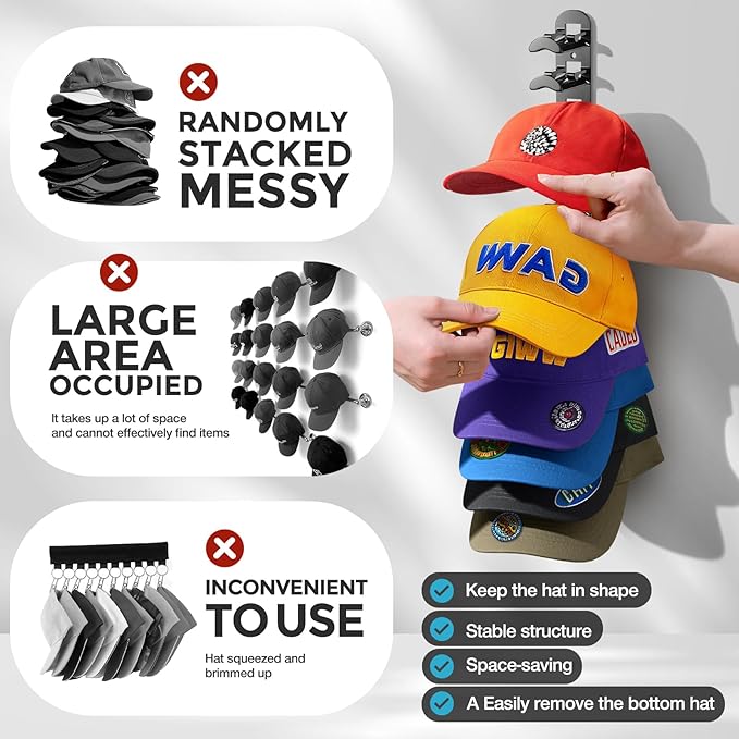 2 Pack Hat Organizer for Baseball Caps, Hat Rack for Wall Hold Up to 20 Hats, Hat Holder with Strong Adhesive and Screws, Hat