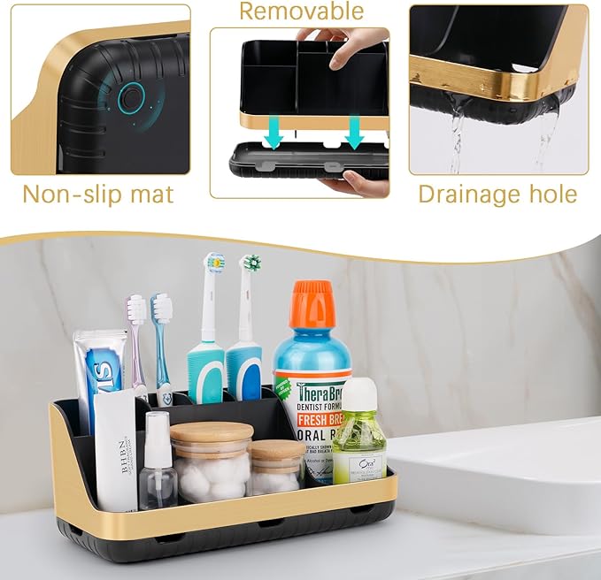 GFWARE Gold Toothbrush Holders for Bathrooms Countertop Organizer - Detachable 7 Slots Electric Toothbrush and Toothpaste Hol