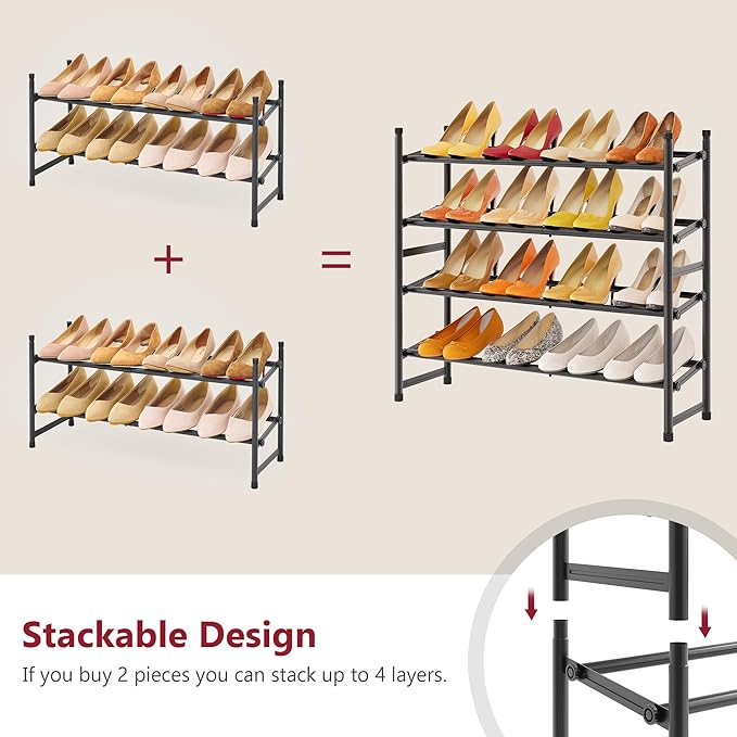 Tajsoon Expandable Shoe Rack for Closet 2 Tier, 28“-41“ Adjustable & Stackable Shoe Shelf Storage, Metal Shoe Rack Organizer 