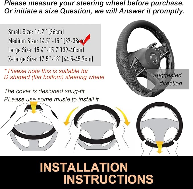 PINCTROT D Shaped Comfy Grip Steering Wheel Cover, Anti-Slip Design, Flat Bottom 14.5-15 Inch(Silicone Black)