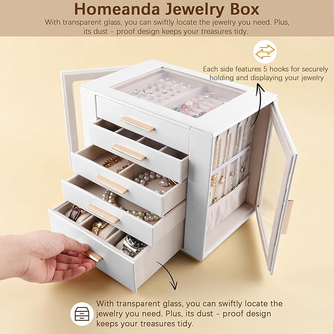 Homeanda Jewelry Box for Women with Glass Lid, 5 Drawers Jewelry Organizer and Storage for Necklaces, Rings, Earrings, Bracel