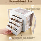 Homeanda Jewelry Box for Women with Glass Lid, 5 Drawers Jewelry Organizer and Storage for Necklaces, Rings, Earrings, Bracel