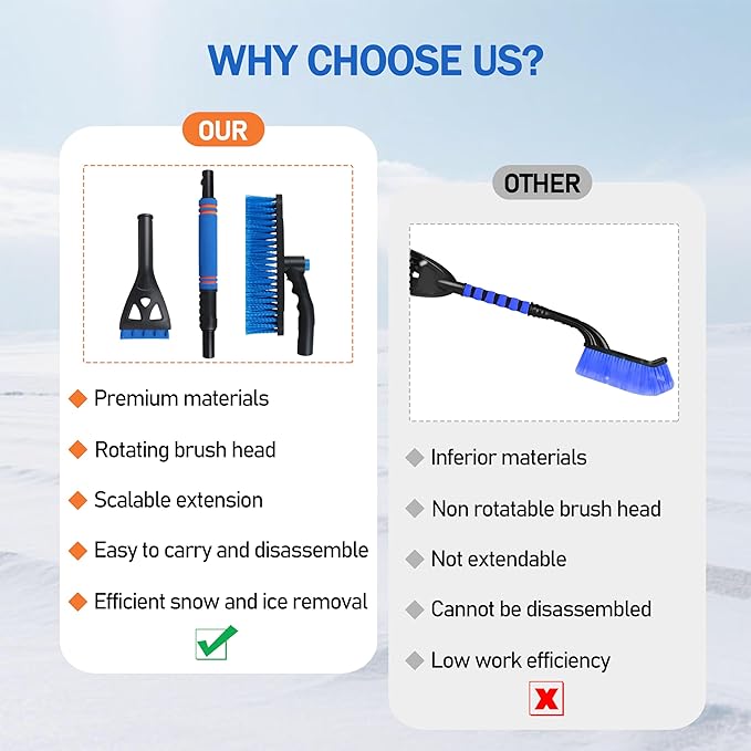 32'' Snow Brush and Ice Scraper for Car Windshield, Aluminum Extendable Snow Removal Tool for Car Window with with Foam Grip and 360° Pivoting Brush Head for for Cars, SUV & Trucks(1pack)
