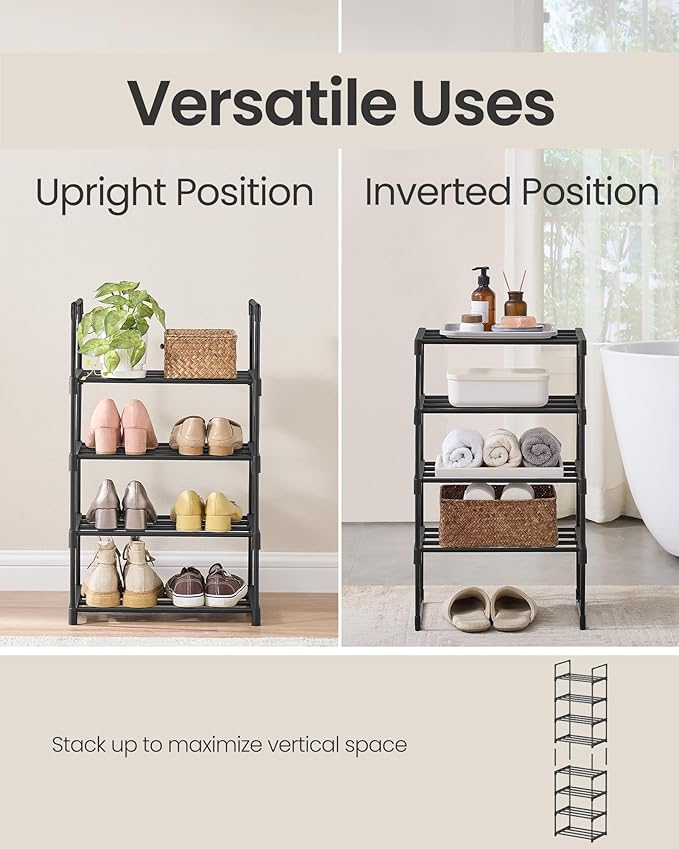 SONGMICS Shoe Rack, 4-Tier Shoe Organizer, Metal Storage Shelf, Upright or Upside Down, for 5-10 Pairs, Stackable, for Entryw