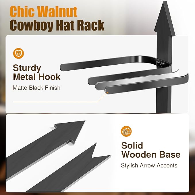 Cowboy Hat Rack, Cowboy Hat Holder Wall Mount Holds up to 4 Hats, Wooden Western Rustic Metal Cow boy Hat Hanger with Arrow S