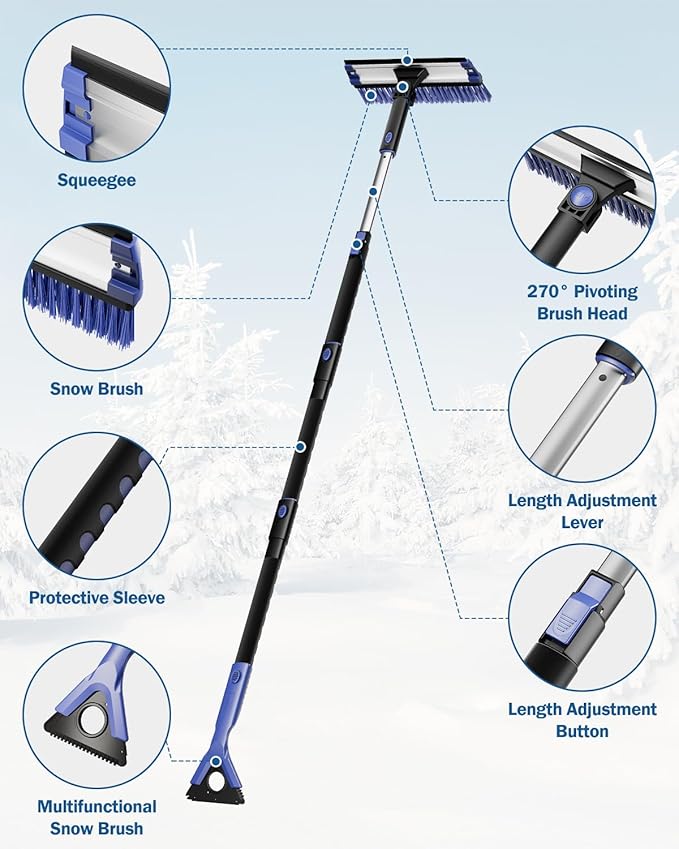 JOYTUTUS 47.7″ Extendable Snow Brush and Ice Scraper, 270° Pivoting Snow Scraper Brush for Car Windshield, Telescoping Ice Scraper, Foam Grip, Heavy Duty Snow Remover for Cars, Trucks, SUV (Blue)
