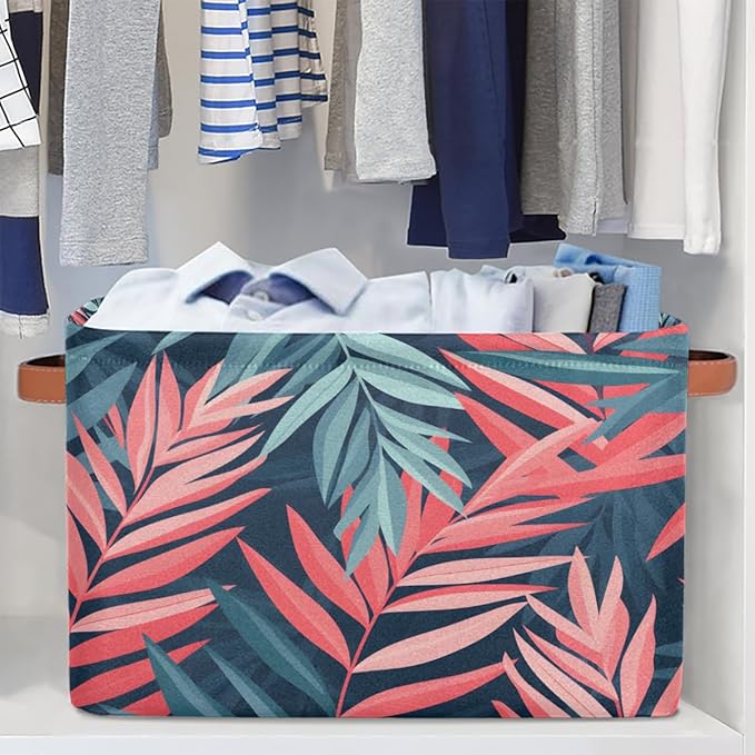 Tropical Palm Leaf Floral Storage Basket Collapsible Cloth Storage Cube Basket Bins Organizer with Handles Rectangular Large 