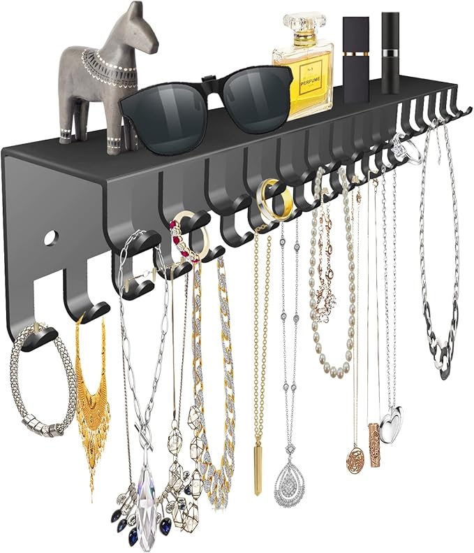 Necklace Jewelry Holder Wall Hanging Organizer Hangers Storage Mounted Shelf with 56 Hooks Tray Display Girls Women Metal Doo