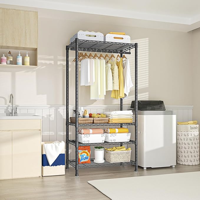 Ulif H2 Heavy Duty Clothes Rack, Freestanding 4 Tiers Garment Rack for Hanging Clothes with Shelves and Hangers, Closet Organ