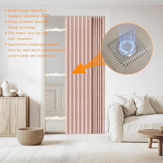 Jilron Accordian Door Curtain, 100% Blackout Folding Magnetic Doorway Curtains,Linen Style Closet Doors,for Room Divider,Priv