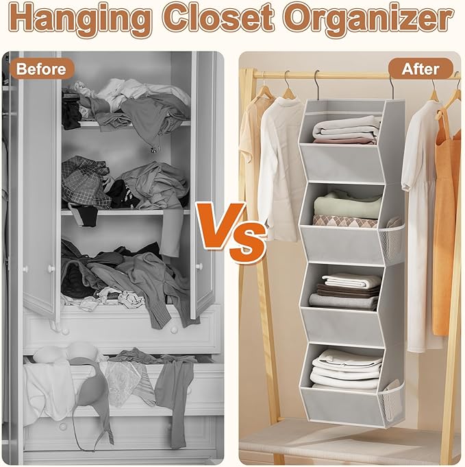 Hanging Closet Organizer 4 Shelf Collapsible Bedroom Closet Organizers and Storage Hanging with Mesh Pockets for Clothes, Fab