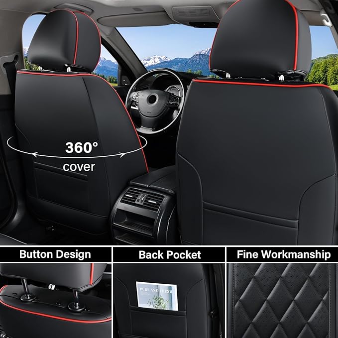 Coverado Car Seat Covers Full Set, Luxury Faux Leather Waterproof Seat Covers, Black Car Seat Covers, Universal Car Seat Prot
