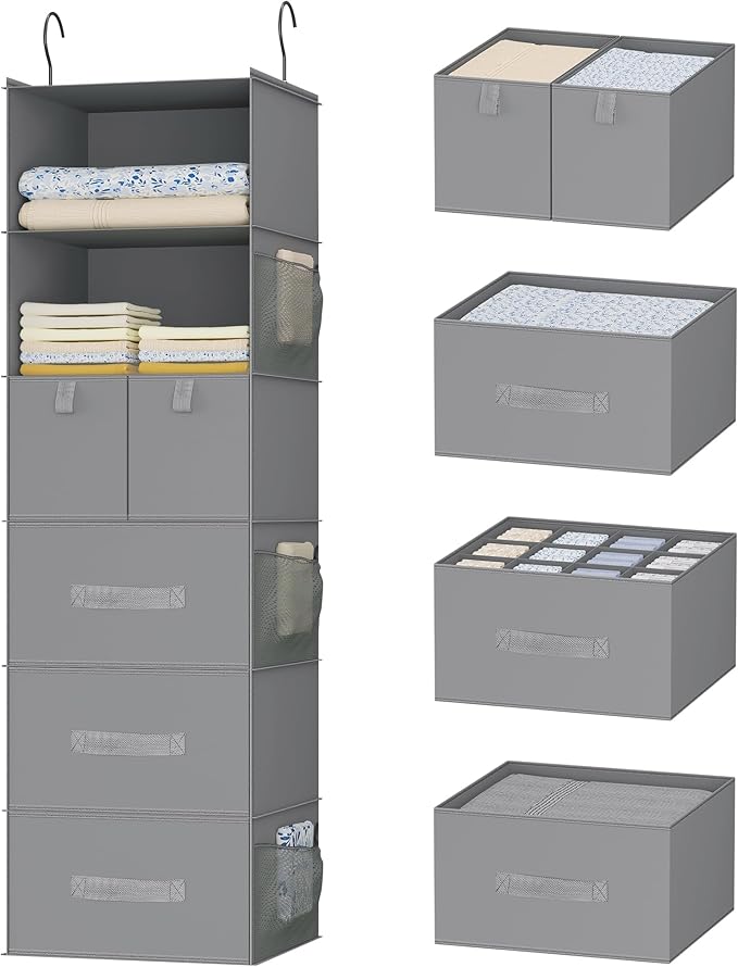 6-Shelves Hanging Closet Organizer with 5 Different Drawers, Foldable Closet Organizers and Storage for Wardrobe, Closet& RV,