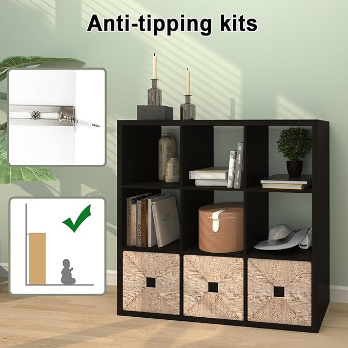 [2026 Wooden Thick Frame 9 Cube Storage Organizer Shelf with Anti-Tipping Kits + Reversible Open Back Bookcase, Horizontal an