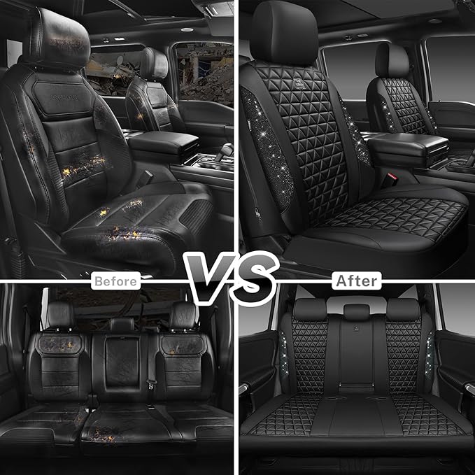 CAR PASS Bling Diamond Black Leather Car Seat Covers Full Sets Interior Sets, Waterproof Shining Glitter Sparkly Crystal Univ