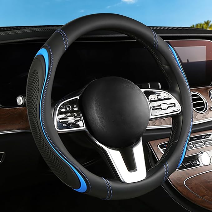 Leather Splicing Black Blue Car Steering Wheel Cover,14.5-15 Inch Universal Microfiber Leather Covers Breathable Anti-Slip Od