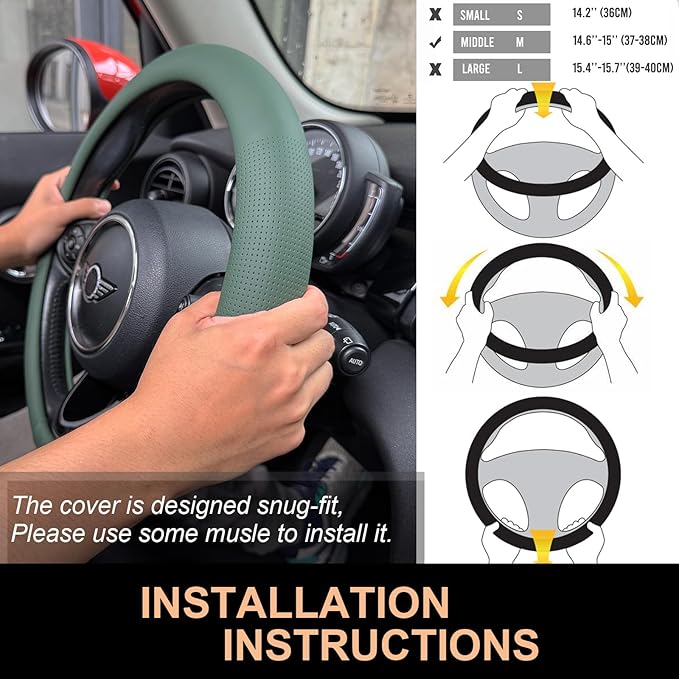 PINCTROT Nappa Leather Steering Wheel Cover, Slim Fit No Bulk Design, One Piece Leather with Breathable Perforation, Fit Like