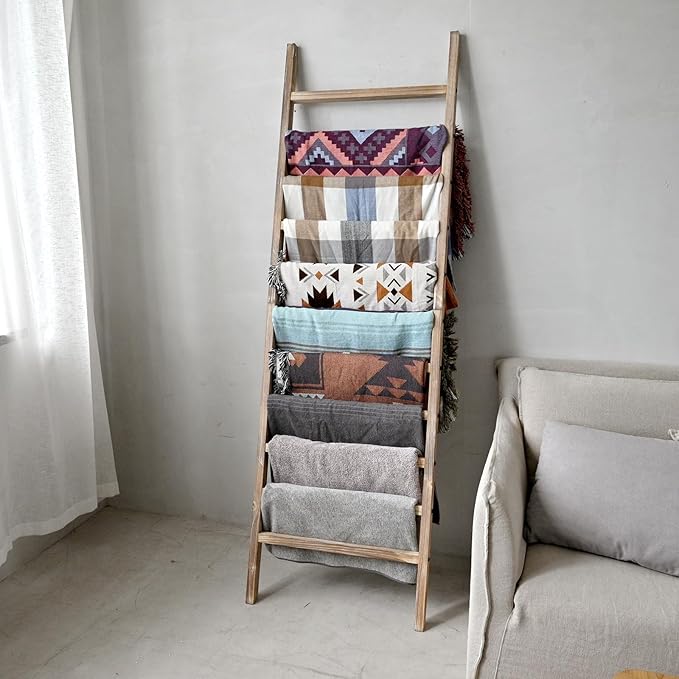 FUIN 6.4ft Extra Wide Wooden Blanket Ladder Living Room Decorative Wal Leaning Farmhouse Quilt Display Holder Rustic Wood Tow