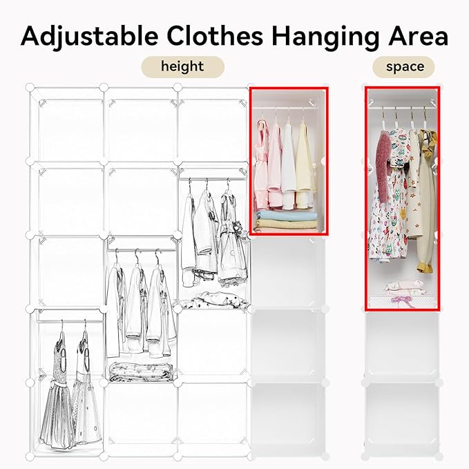 Modular Baby Wardrobe Closet, Portable Children Organizers and Storage for Nursery,15 Cubes with Hanging Rods,Multi-Functiona
