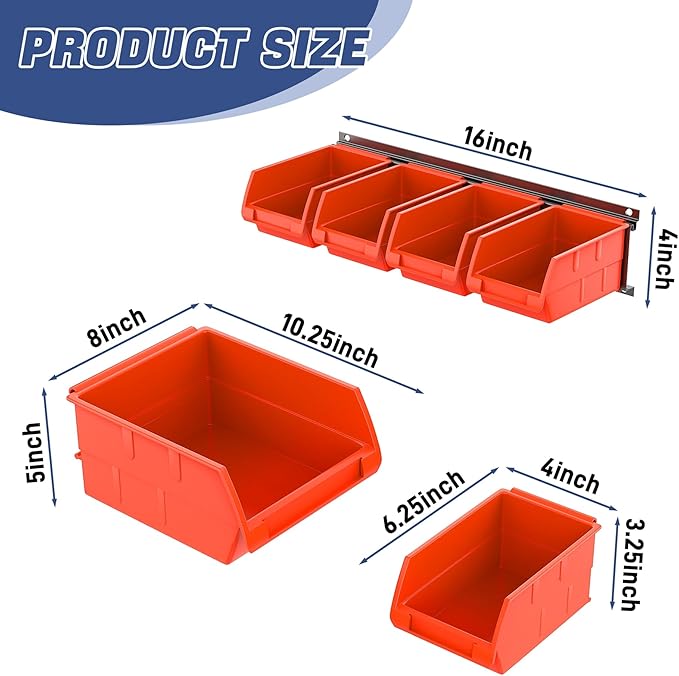 WALMANN Wall Mounted Storage Bins for Small Parts, 10 Bins with 3 Metal Rails, Plastic Bins for Screws, Bolts, Nuts, Craft Ro