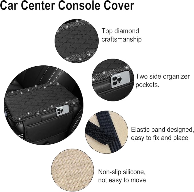 NBTEPEM Bling Car Center Console Cover, Leather Car Arm Rest Cover Cushion with 2 Storage Bags, Universal Automotive Armrest Protector Storage Box, Bling Accessories Interior for Most Vehicles (Black)