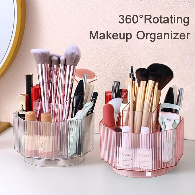 LINFIDITE 360°Rotating Makeup Brush Holder Cosmetic Display Case Clear Makeup Lip Gloss Organizer Case with 5 Slots Round Tur