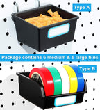 FRIMOONY Pegboard Bins with Hooks and Labels, for Organizing Accessories, 6 Pack Type A and 6 Pack Type B, Black
