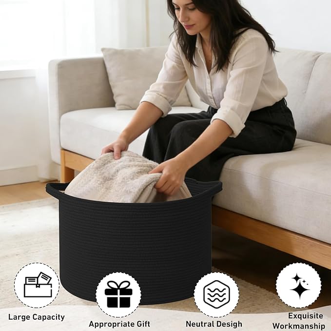 115L Large Blanket Basket,23.6" L x 23.6" W x 15.7" H Rope Woven Baskets with Handles, Toys Storage Bins,Laundry Basket Perfe