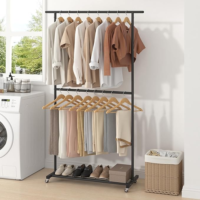 Sywhitta Double Rod Clothing Garment Rack, Rolling Coat Hanger with Bottom Mesh, Clothing Rack for Hanging Clothes, Coats, Sk