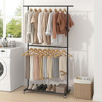 Sywhitta Double Rod Clothing Garment Rack, Rolling Coat Hanger with Bottom Mesh, Clothing Rack for Hanging Clothes, Coats, Sk