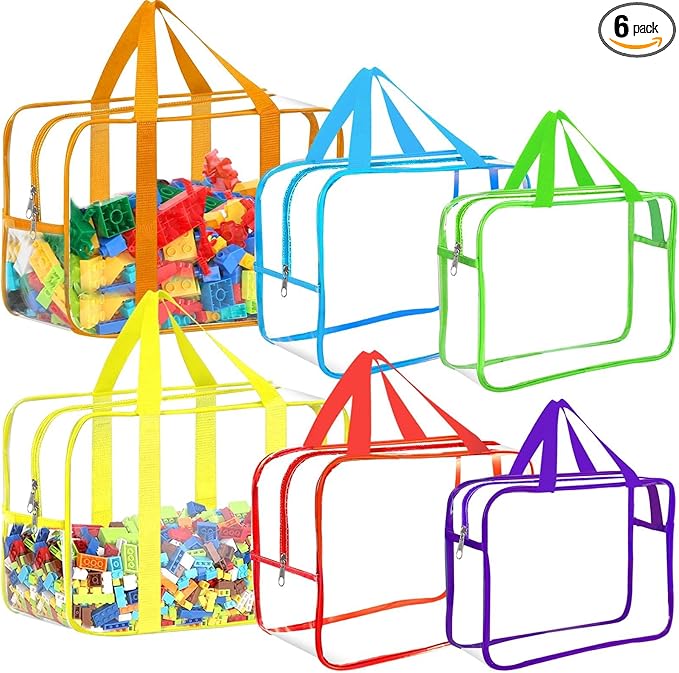 6 Color Toy Storage Bags with Labels, Reusable Clear PVC Board Game Storage, Travel Waterproof Organizer Bags with Zipper Lar