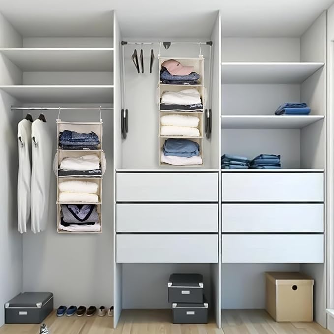 MAX Houser 4 Tier Shelf Hanging Closet Organizer, Space Saver,Closet Hanging Shelf with 2 Sturdy Hooks for Storage, Foldable 