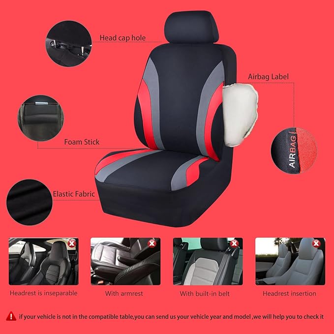CAR PASS Line Rider Sporty Cloth 11PCS Universal Fit Car Seat Cover -100% Breathable with 5mm Composite Sponge Inside,Airbag 